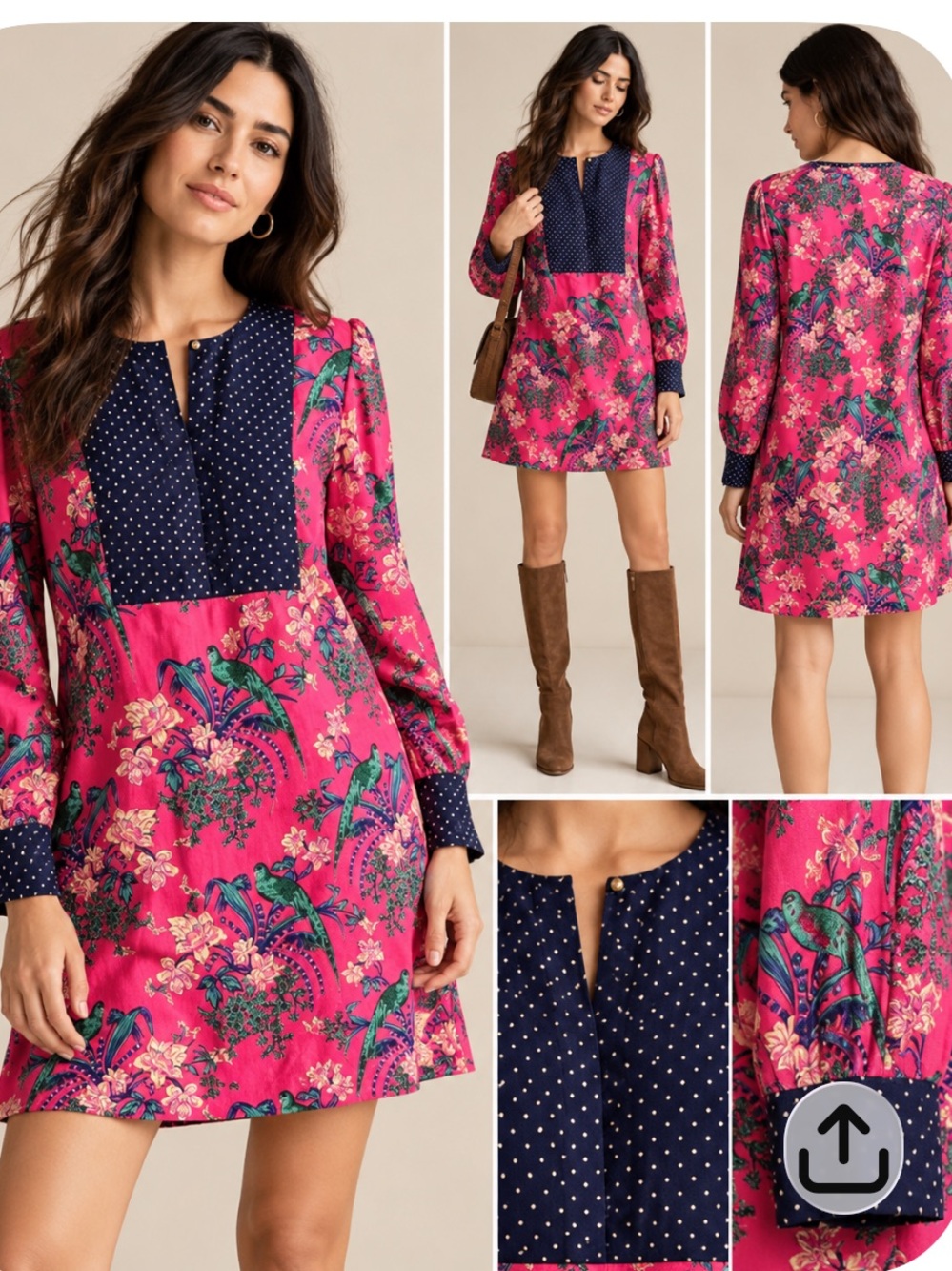 Maeve pink navy polka dots green birds garden mini long sleeve dress size 8